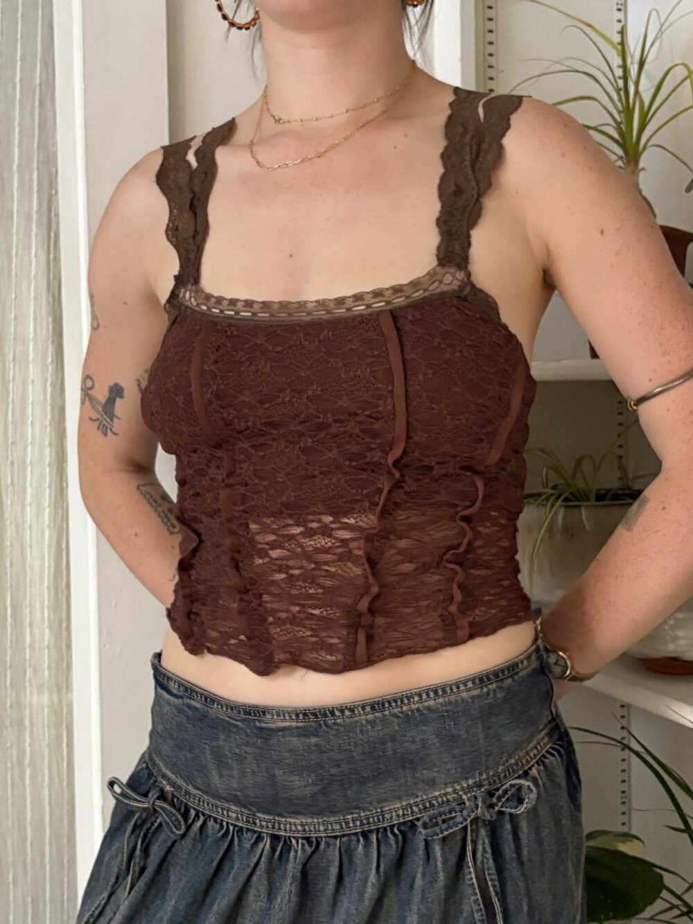 Brown Sheer Lace Tank Top - S